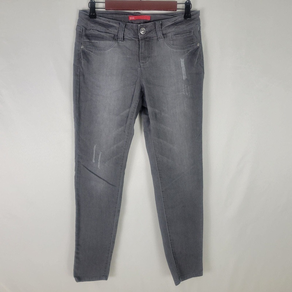 Elle Womens Jeans Size 6 Low Rise Gray Denim Jegging Distressed Charcoal Wash
